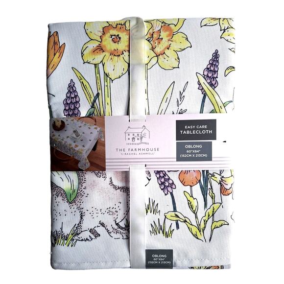 RACHEL ASHWELL Spring Easter Bunny Rabbit 60 x 120" Floral Tulips Tablecloth NEW - Picture 2 of 9